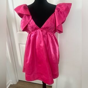 MABLE Babydoll Mini Dress Pink Ruffle Sleeve Bow Sz S